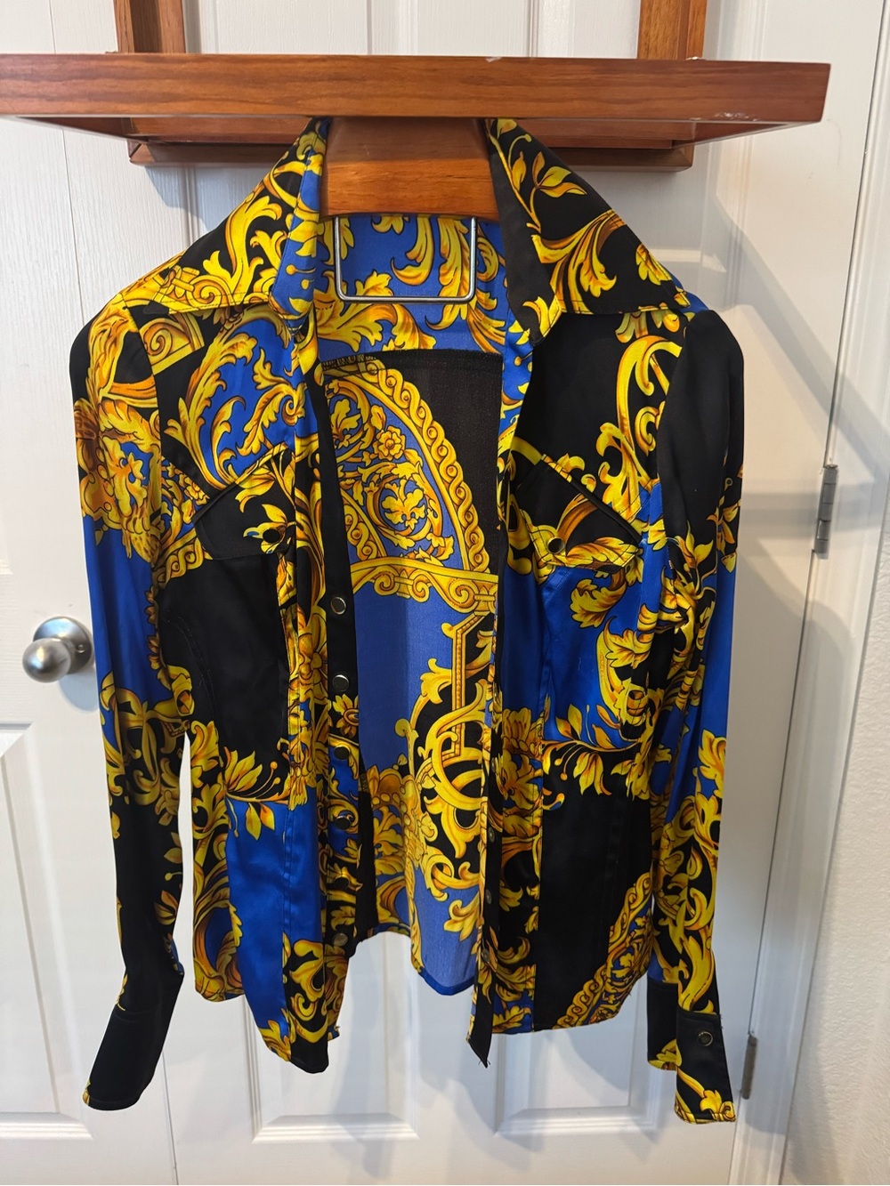Cache Blue & Gold Baroque Print Button Shirt